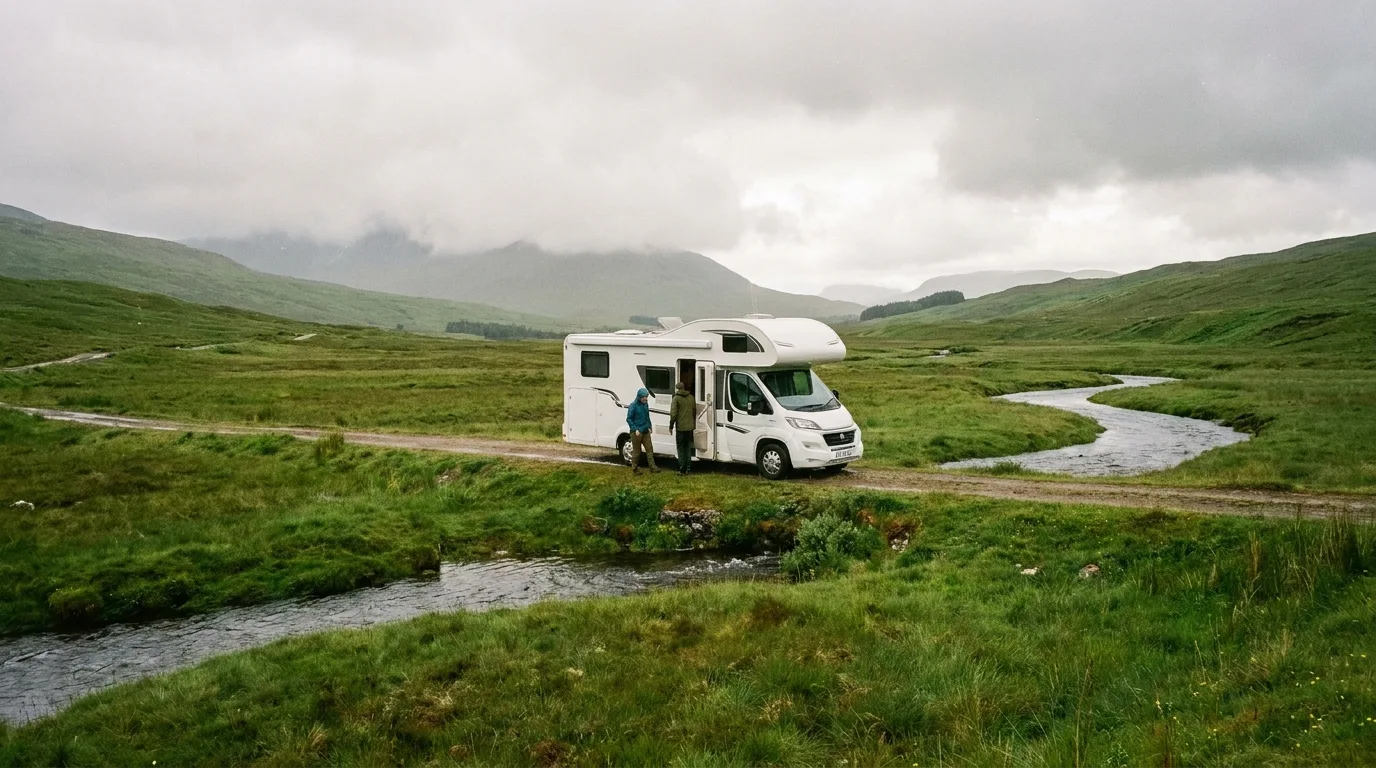 Wohnmobil in grünem Tal mit Bach, zwei Personen draußen, nach Regen, bei weichem diffusem Licht