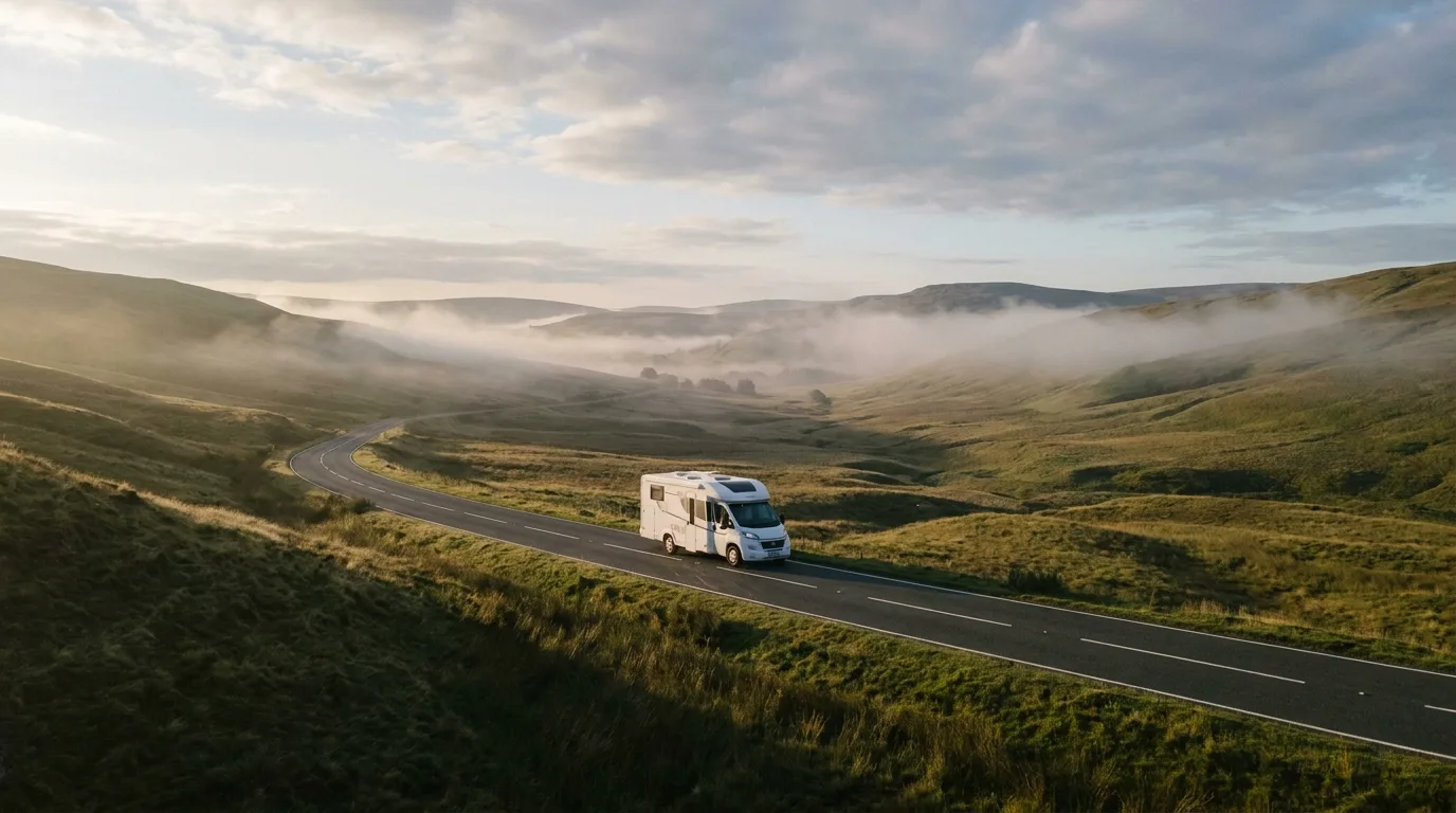 Wohnmobil auf leerer Straße durch sanfte Hügel mit Nebel in Tälern, frühes Morgenlicht und lange Schatten