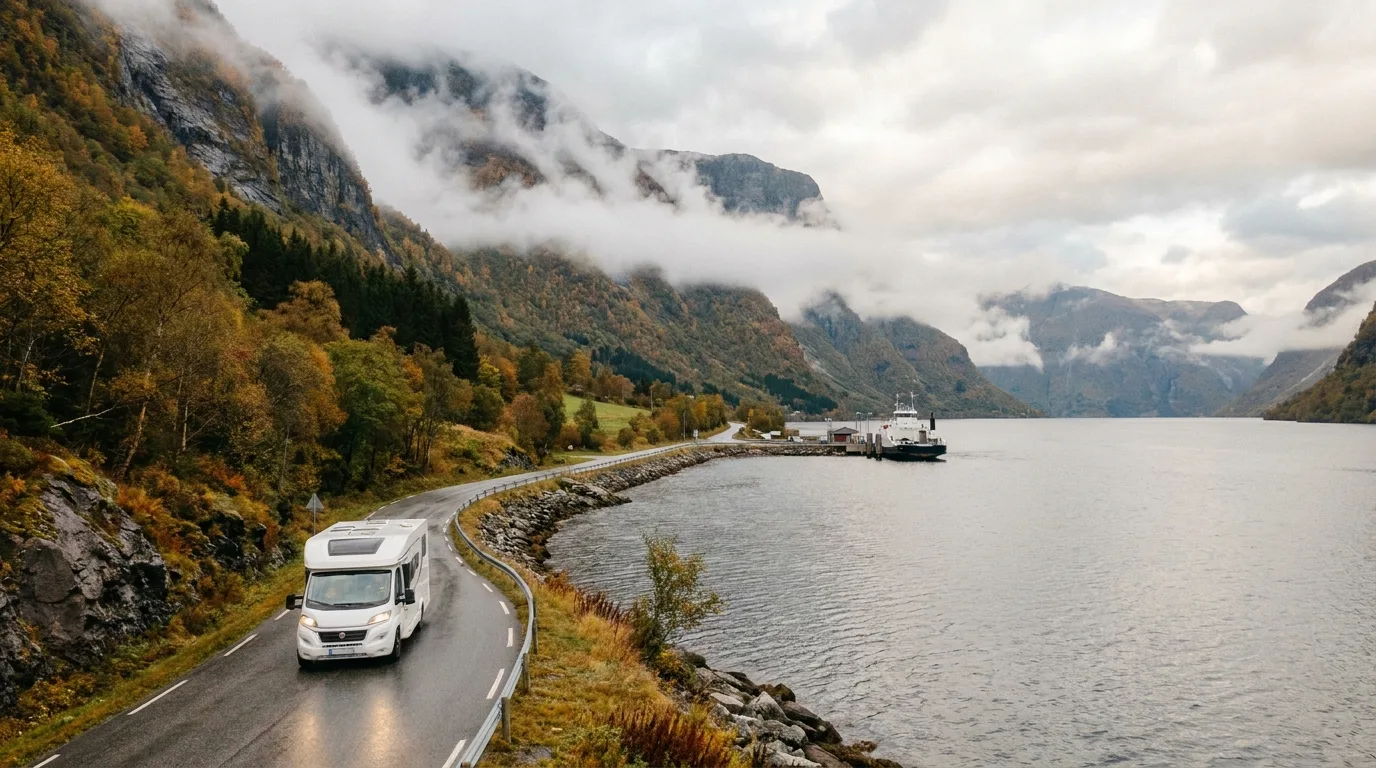 Wohnmobil auf schmaler norwegischer Fjordstraße, Herbstlicht, tiefe Wolken, nasser Asphalt, Fähranleger in Ferne