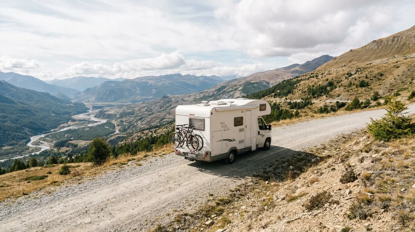 Schwer beladenes Wohnmobil mit Fahrrädern am Heckträger auf Bergstraße, sichtbare Hinterachslast, Talblick