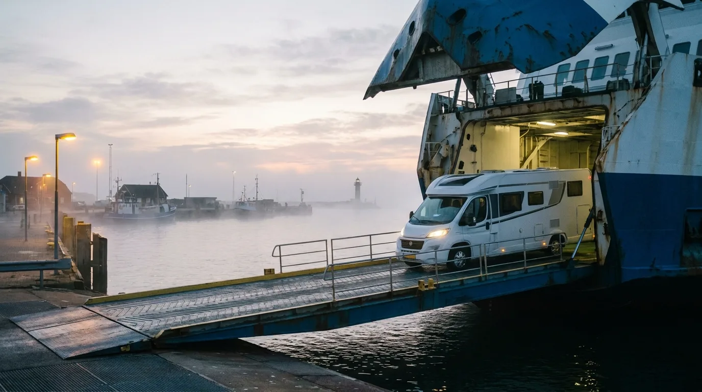 Wohnmobil fährt bei Sonnenaufgang in einem dänischen Hafen auf eine Fähre, mit Morgenmist über dem Wasser und gelben Hafenlichtern