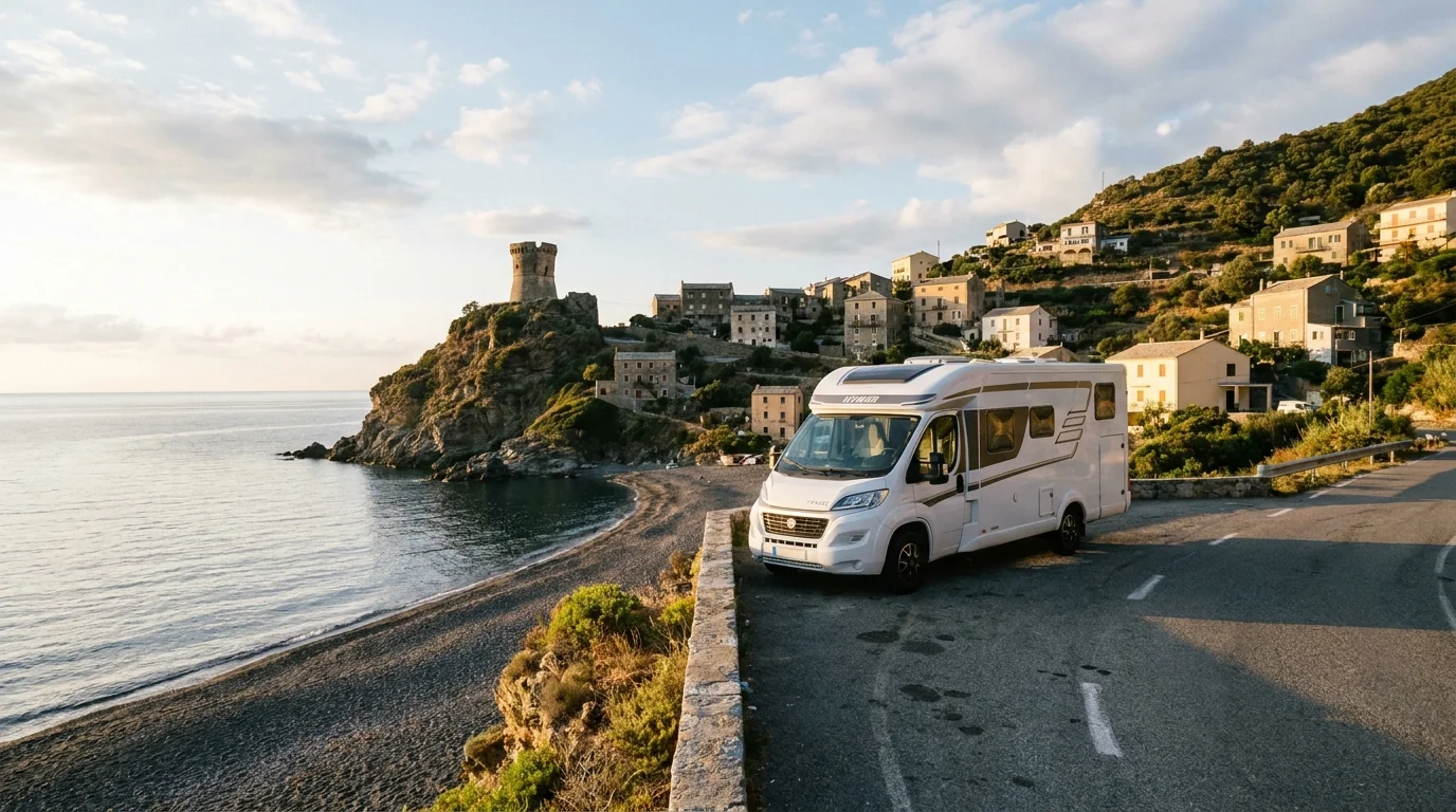 Campervan on the coastal road of Cap Corse and the Balagne at sunset in northern Corsica
