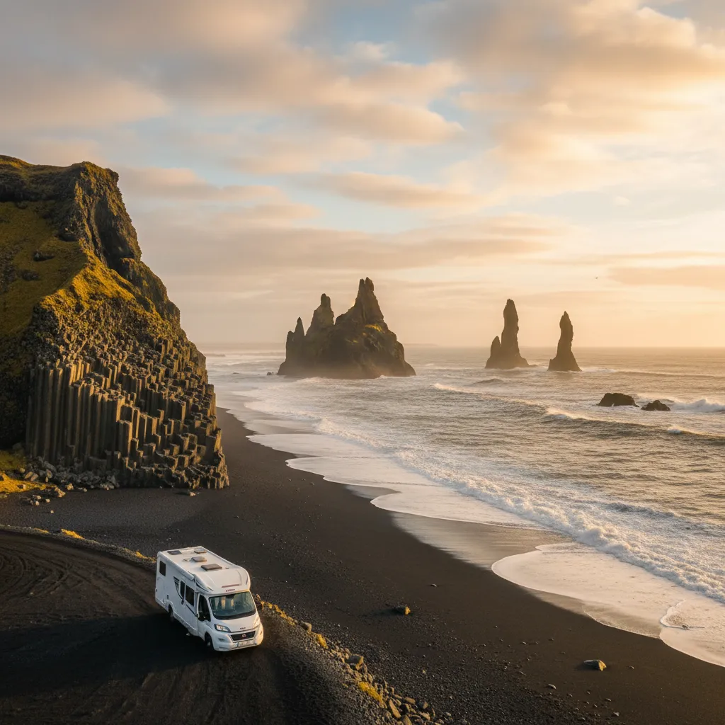 Reynisfjara black sand beach near Vík — a striking stop on a campervan route through southern Iceland