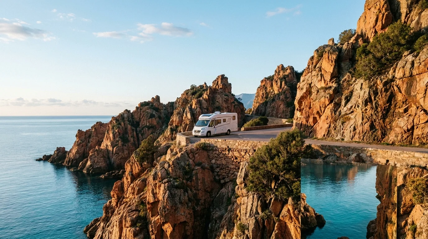 Campervan on a coastal road along red granite cliffs and turquoise sea in south-western Corsica