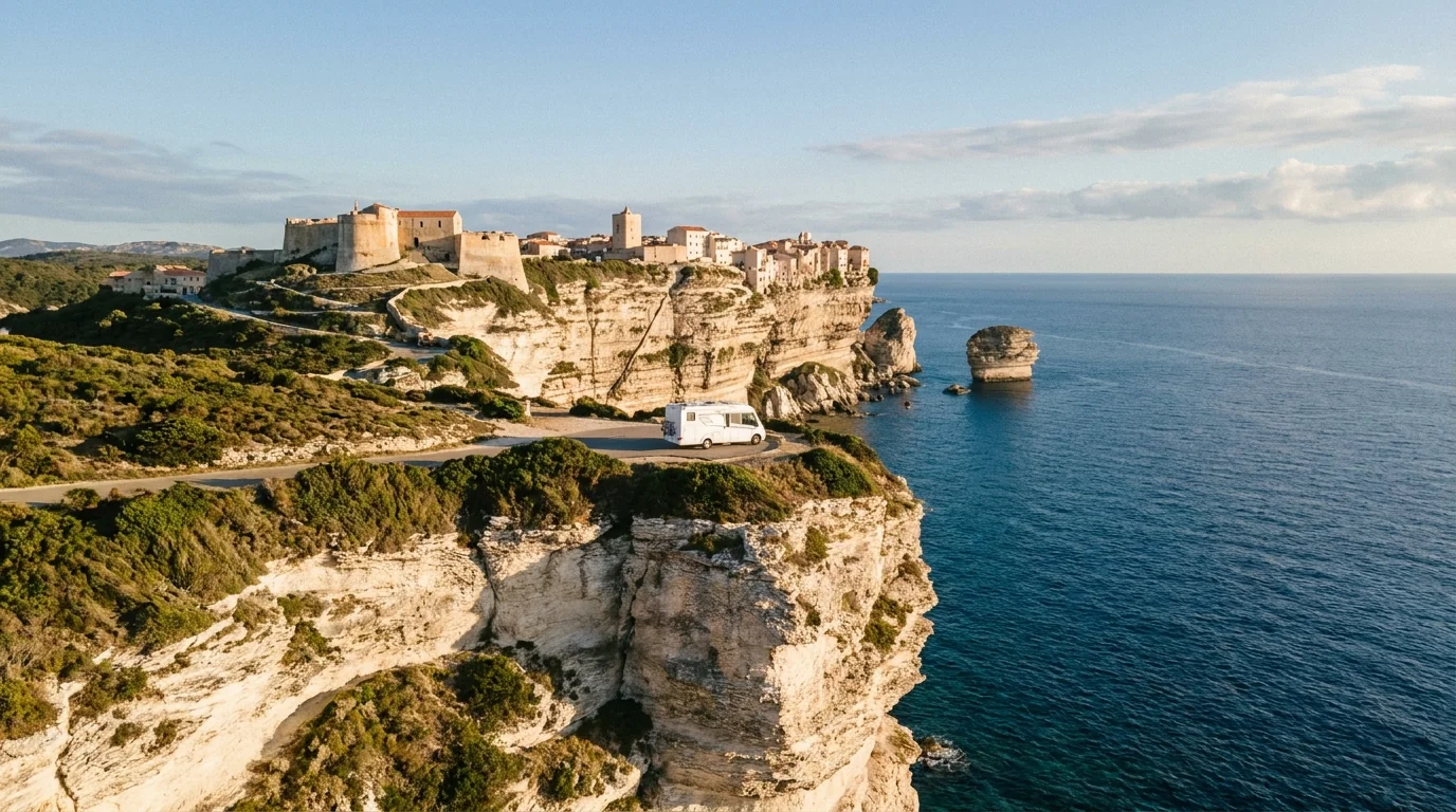 Campervan on a coastal road along the turquoise Mediterranean during the Grand Tour Corsica road trip