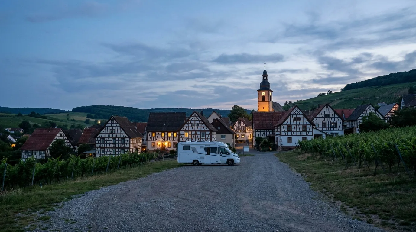 Wohnmobil auf einem Stellplatz bei einem deutschen Fachwerkdorf unter blauem Abendhimmel, mit beleuchteten Häusern und Kirchturm