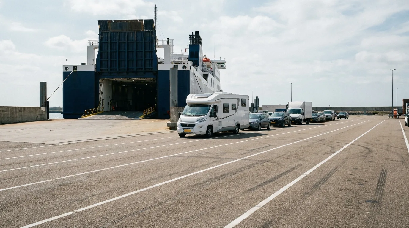 Camper wacht in rij op veerbootkade met geopende veerboot op de achtergrond, helder daglicht, harde schaduwen