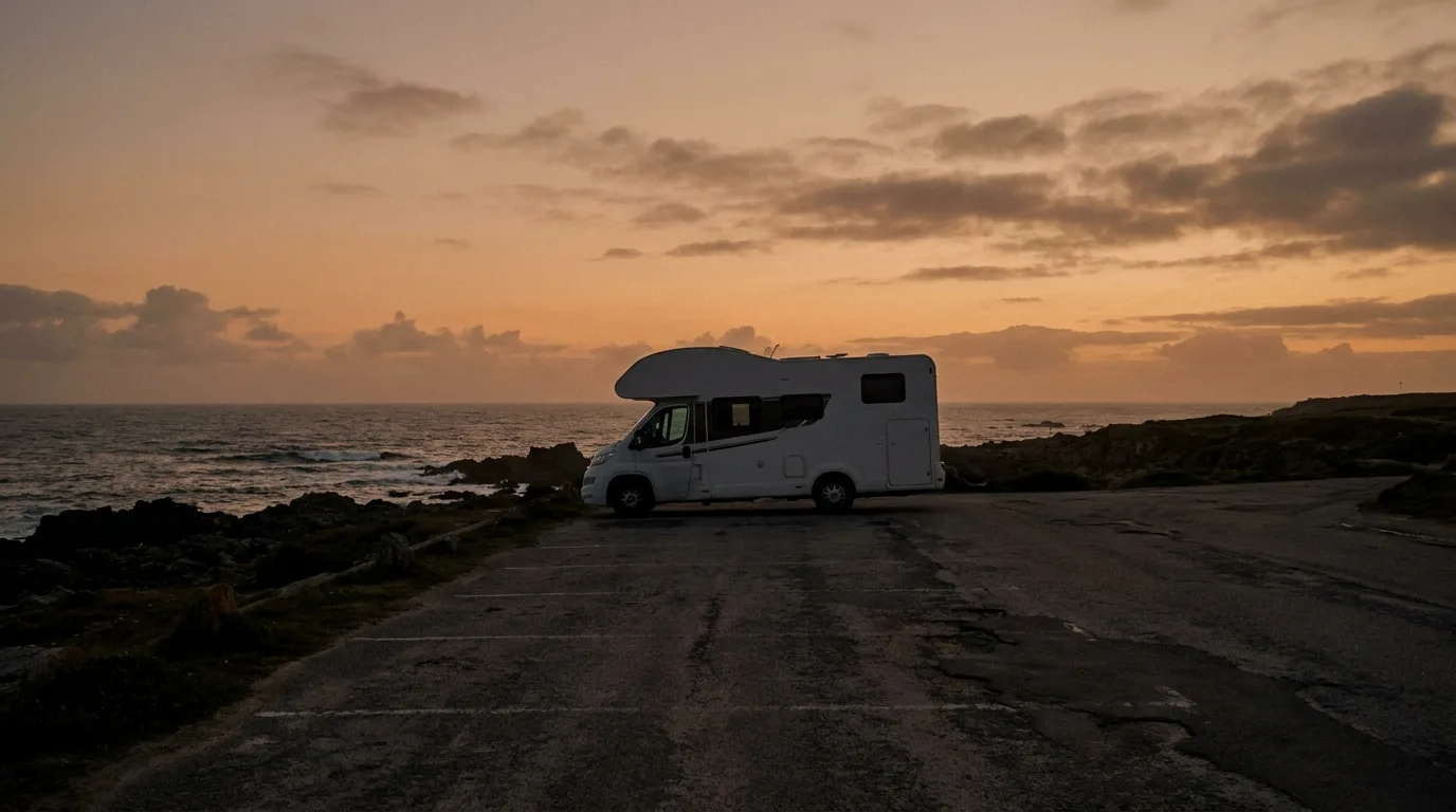 Wohnmobil auf einem Parkplatz an der europäischen Küste bei Sonnenuntergang, als Silhouette vor orangefarbenem Himmel