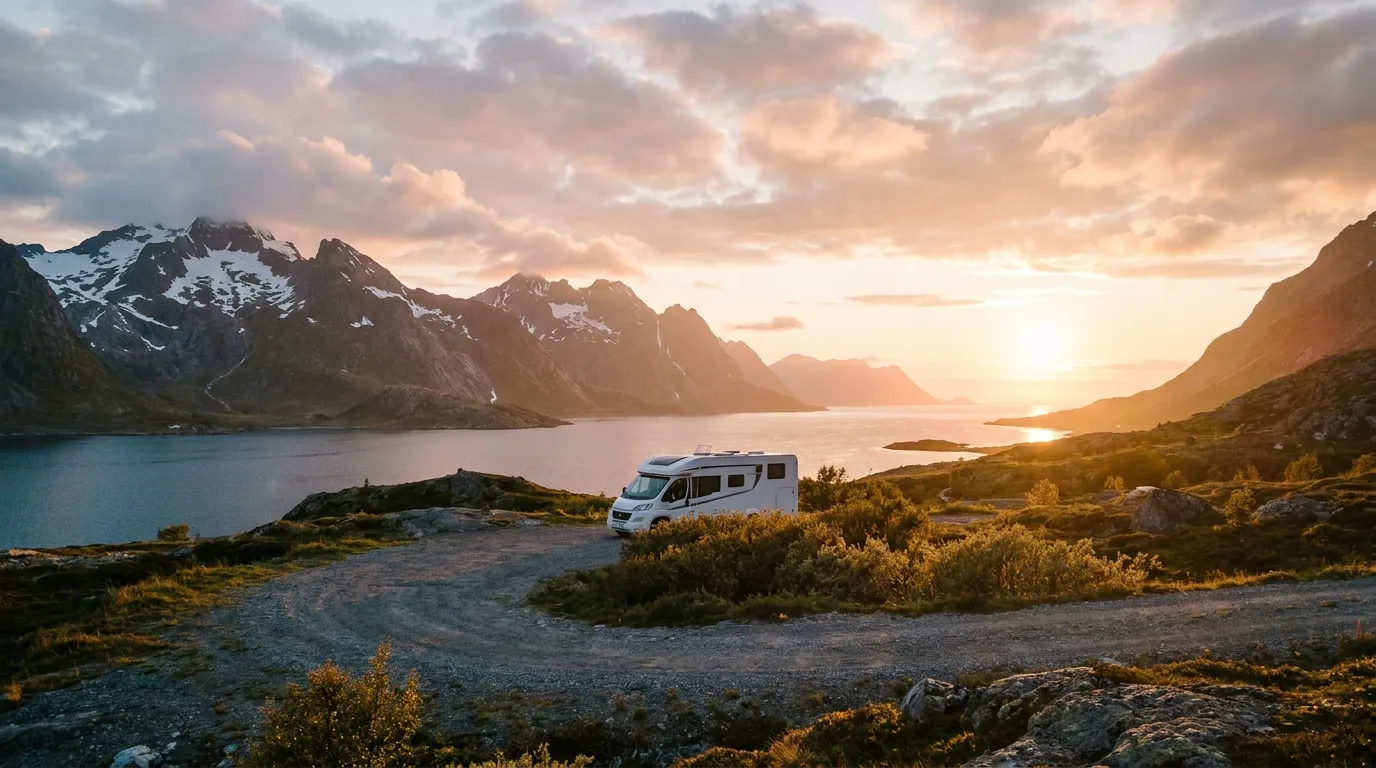 Wohnmobil an einem norwegischen Fjord unter der Mitternachtssonne, warmes goldrosa Licht über schneebedeckten Bergen