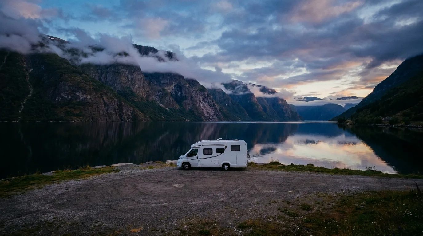 Wohnmobil auf Schotterparkplatz an norwegischem Fjord, Abendlicht, steile Berge, ruhige Wasserspiegelung